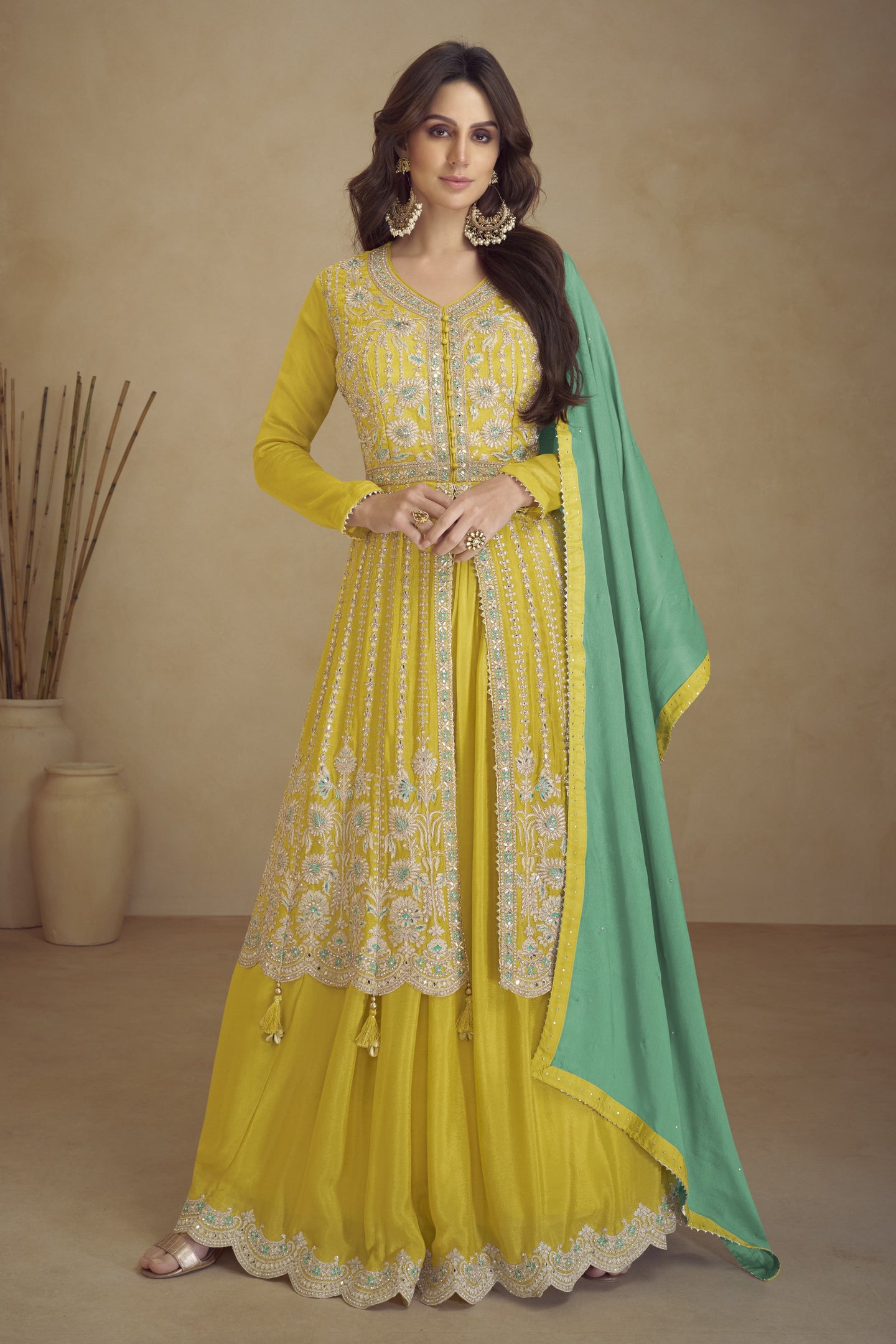 Yellow Chinon Silk Palazo for Sangeet with Thread Embroidery and Dori Work