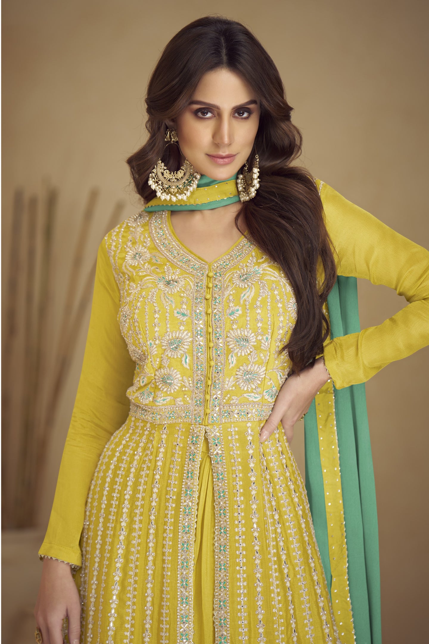 Yellow Chinon Silk Palazo for Sangeet with Thread Embroidery and Dori Work