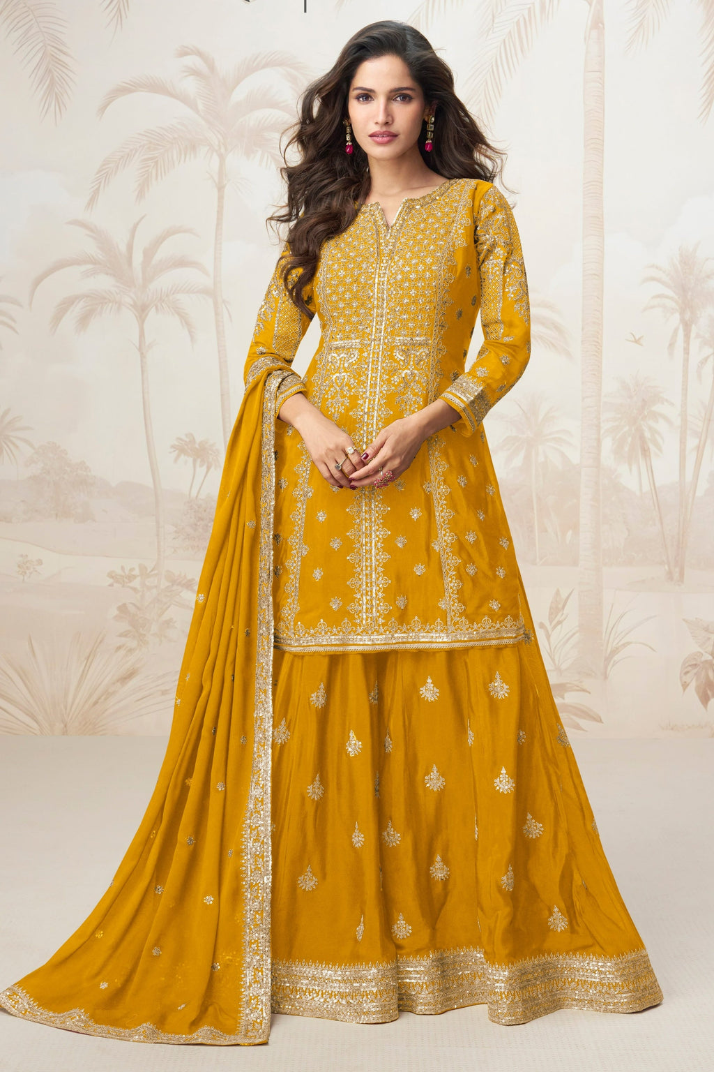 Yellow Chinon Silk Palazzo Suit For Indian & Pakistani Wedding Festival - Sequence Embroidery Work, Embroidery Work
