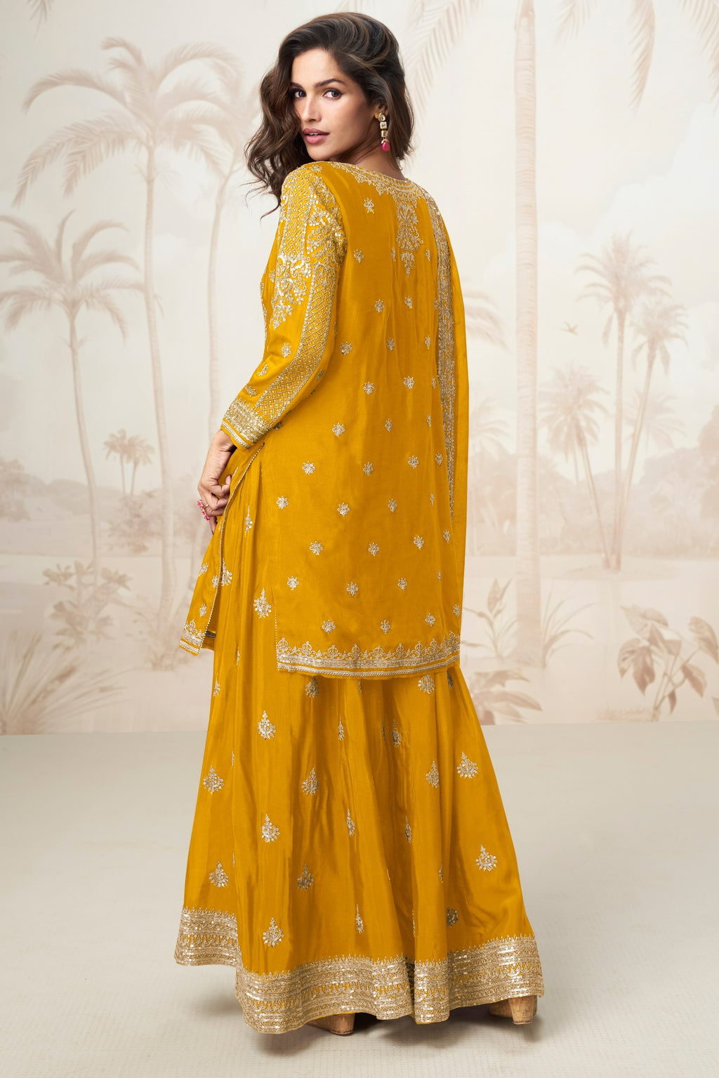 Yellow Chinon Silk Palazzo Suit For Indian & Pakistani Wedding Festival - Sequence Embroidery Work, Embroidery Work