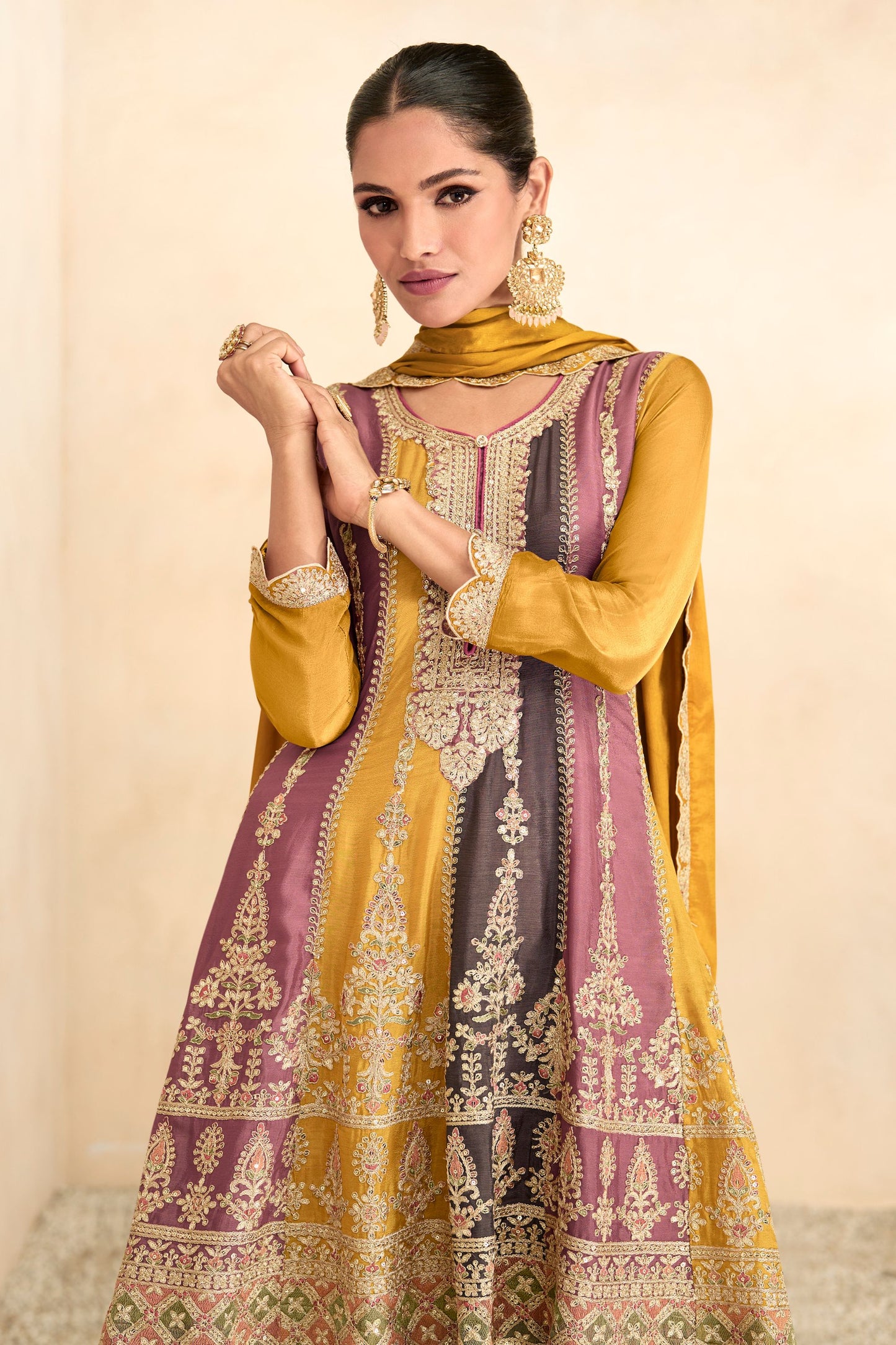 Yellow Pakistani Chinon Silk Plazo Suit For Indian Festivals & Weddings - Thread Embroidery Work