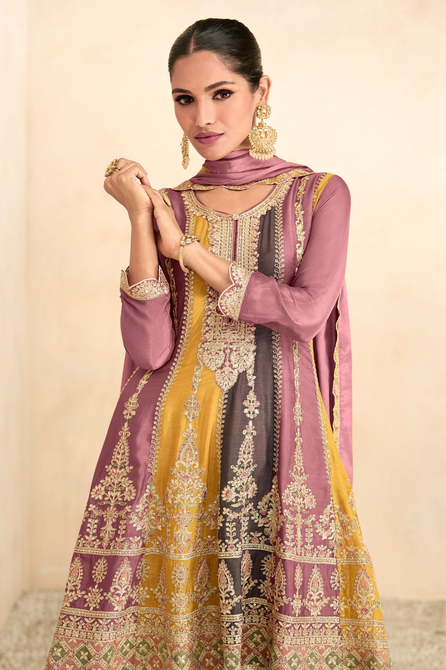 Yellow Pakistani Chinon Silk Plazo Suit For Indian Festivals & Weddings - Thread Embroidery Work