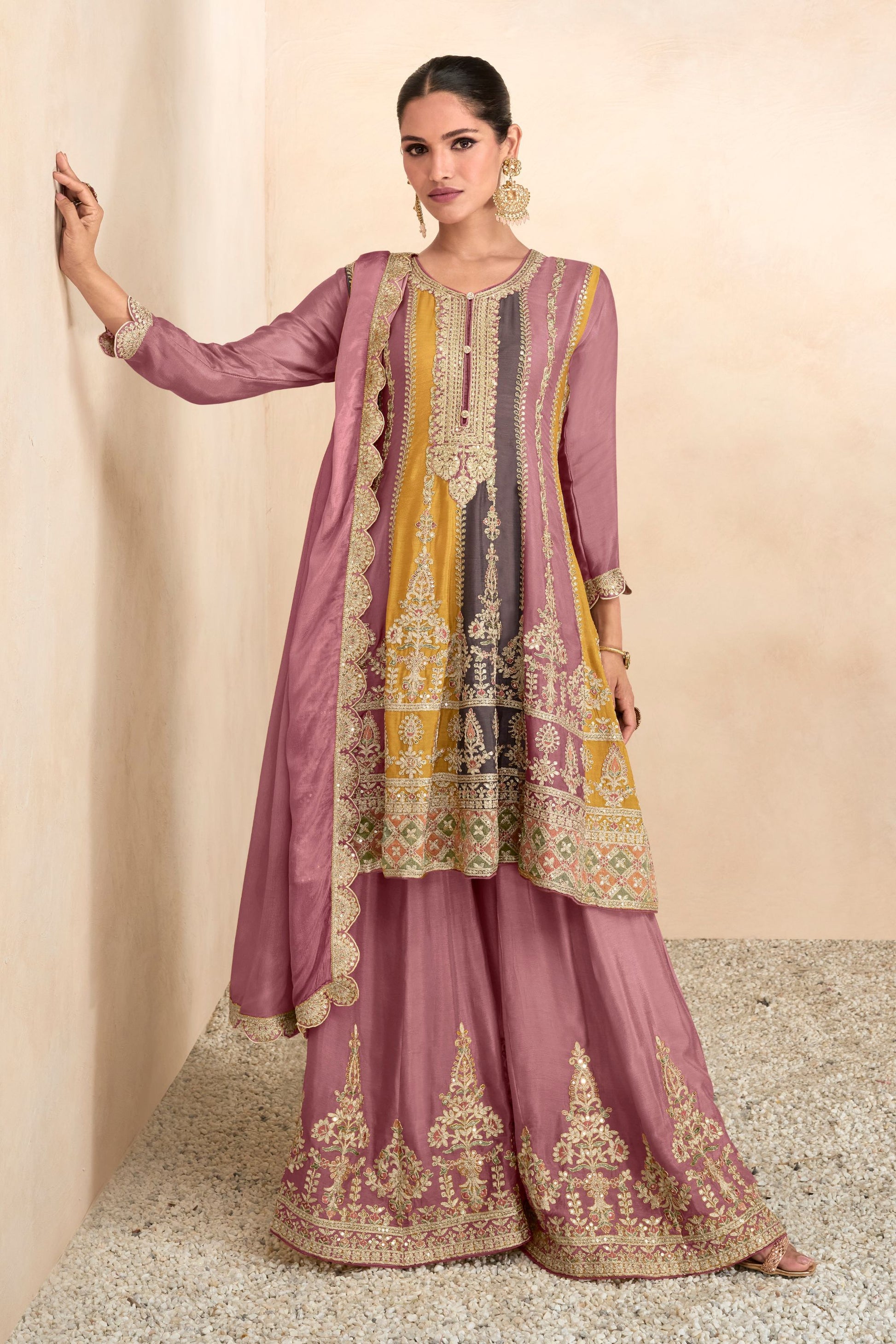 Yellow Pakistani Chinon Silk Plazo Suit For Indian Festivals & Weddings - Thread Embroidery Work