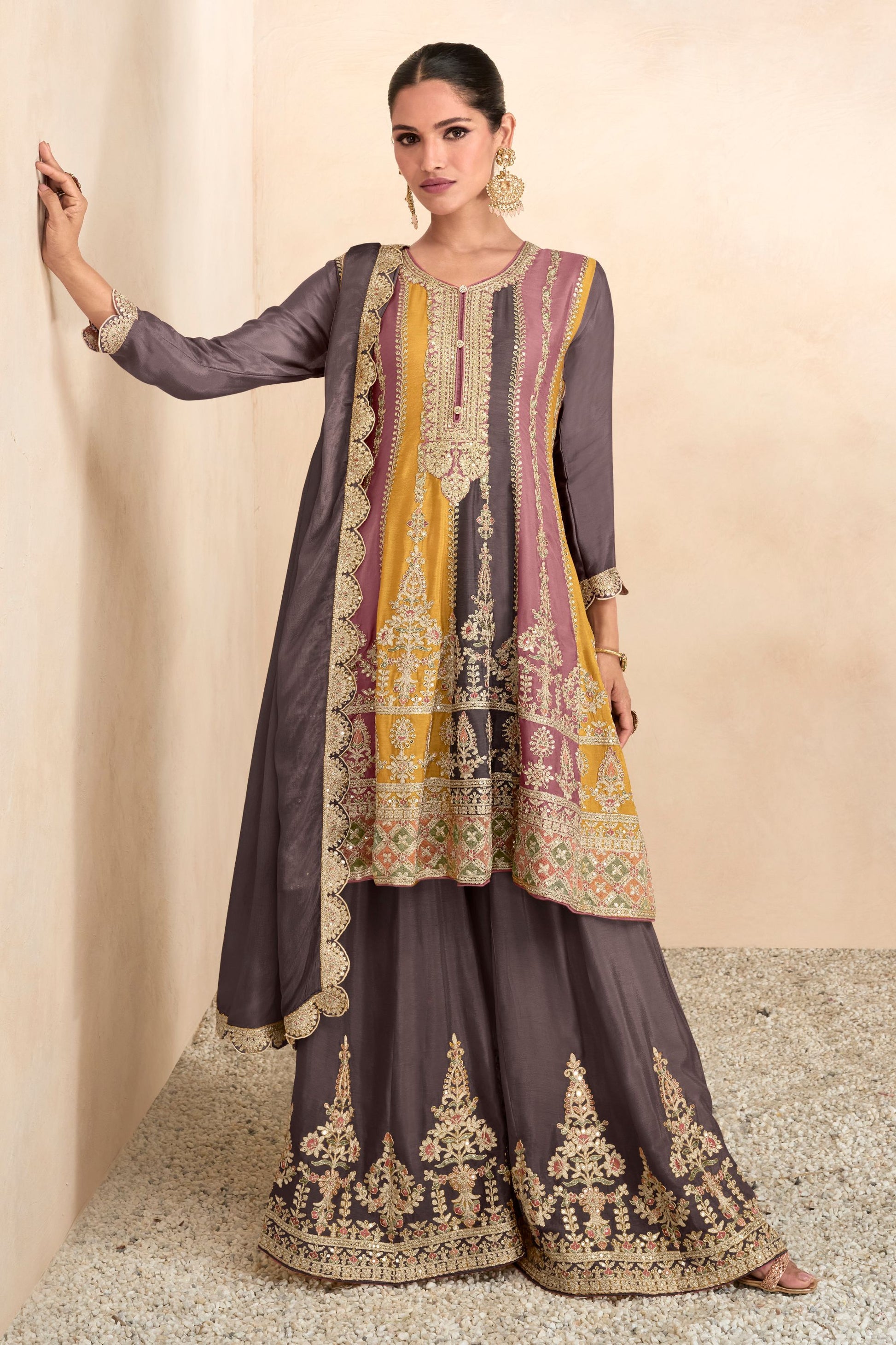 Yellow Pakistani Chinon Silk Plazo Suit For Indian Festivals & Weddings - Thread Embroidery Work