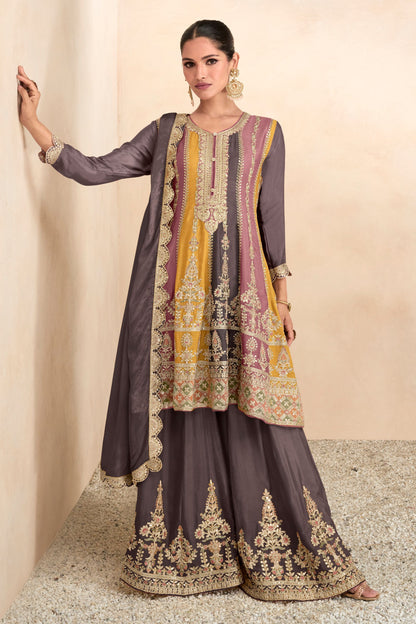 Yellow Pakistani Chinon Silk Plazo Suit For Indian Festivals & Weddings - Thread Embroidery Work