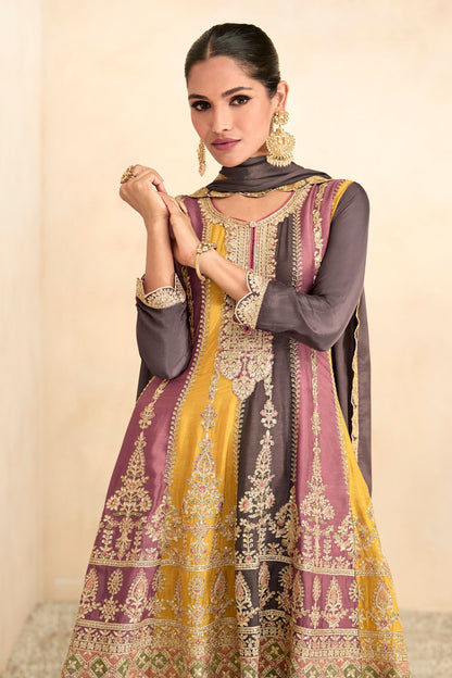 Yellow Pakistani Chinon Silk Plazo Suit For Indian Festivals & Weddings - Thread Embroidery Work