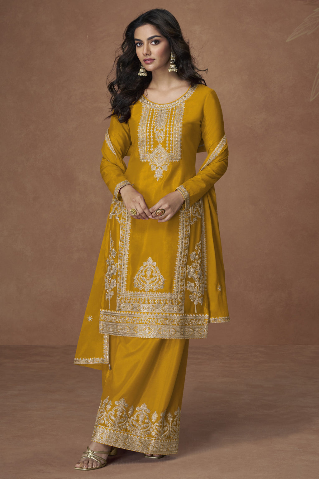 Yellow Chinon Silk Plazo Suit For Indian & Pakistani Wedding Festival - Embroidery Work