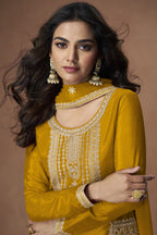 Yellow Chinon Silk Plazo Suit For Indian & Pakistani Wedding Festival - Embroidery Work