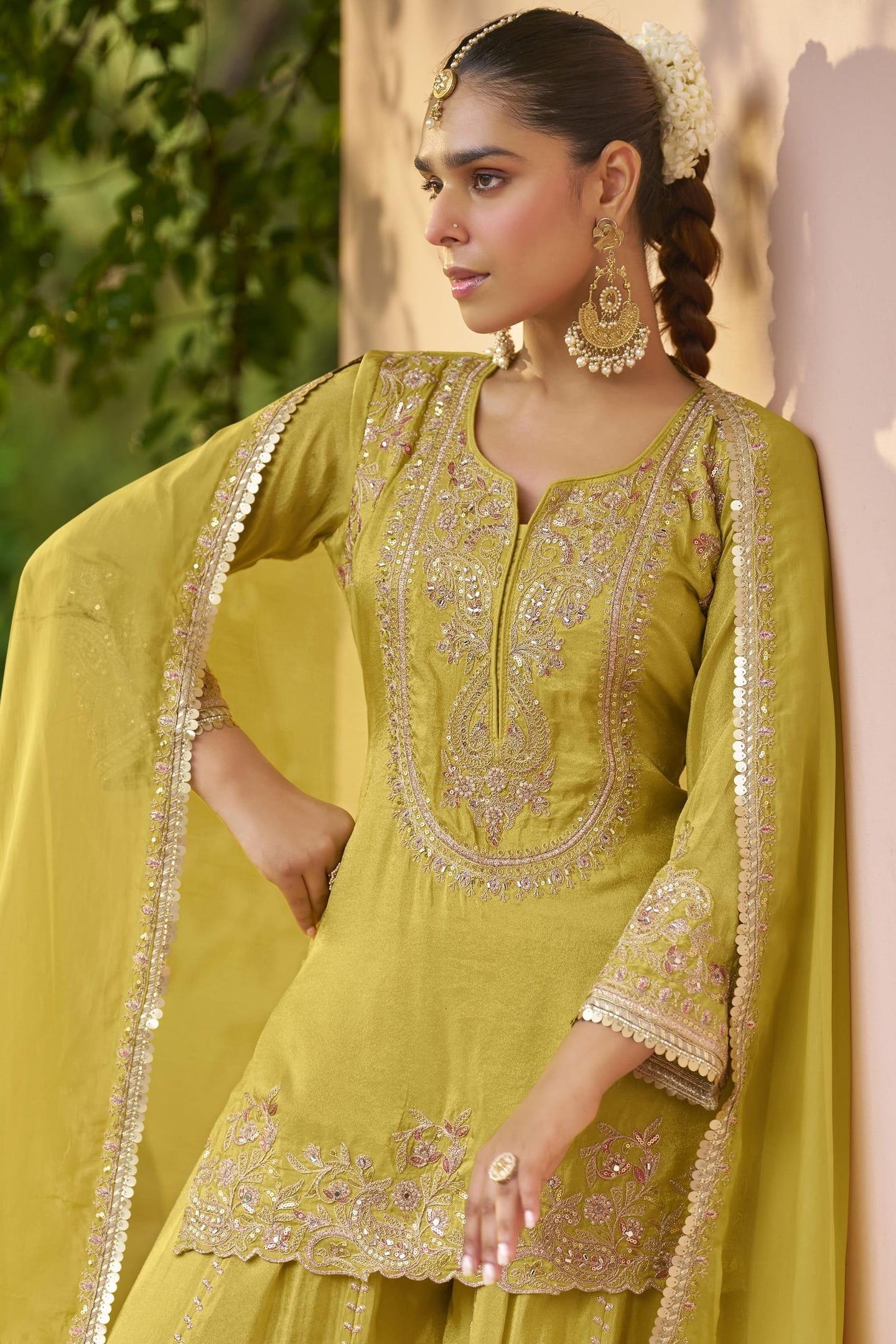 Yellow Chinon Silk Plazo Suit For Indian & Pakistani Wedding Festival - Dori Work, Sequence Embroidery Work