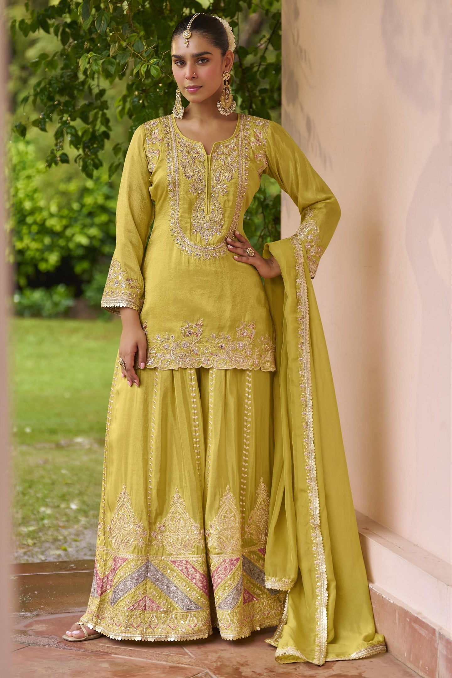 Yellow Chinon Silk Plazo Suit For Indian & Pakistani Wedding Festival - Dori Work, Sequence Embroidery Work