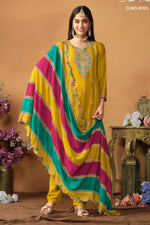 Yellow Chinon Silk Kameez Pant Suit For Indian Festival & Wedding - Thread Embroidery Work, Sequence Embroidery Work