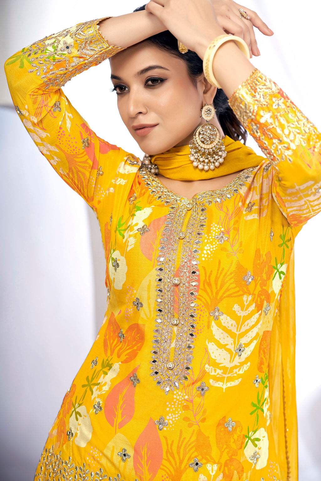 Yellow Chinon Silk Sharara Suits Dress for Indian Festival & Pakistani Wedding - Thread & Sequence Embroidery Work, Zari Work, Stone & Mirror Work, Print Work