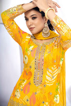 Yellow Chinon Silk Sharara Suits Dress for Indian Festival & Pakistani Wedding - Thread & Sequence Embroidery Work, Zari Work, Stone & Mirror Work, Print Work