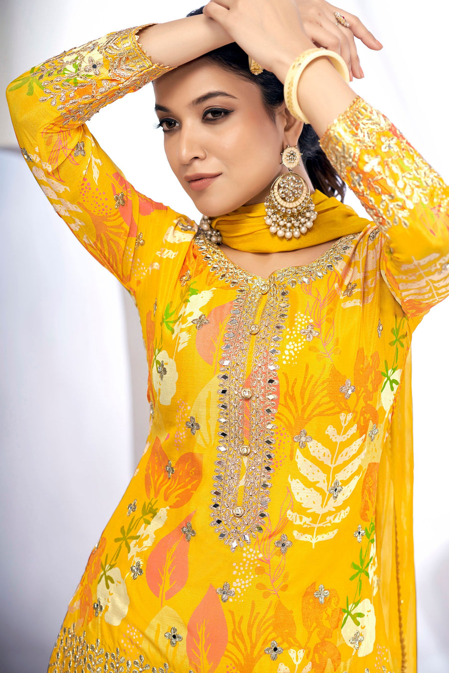 Yellow Chinon Silk Sharara Suits Dress for Indian Festival & Pakistani Wedding - Thread & Sequence Embroidery Work, Zari Work, Stone & Mirror Work, Print Work