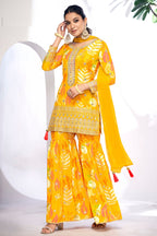 Yellow Chinon Silk Sharara Suits Dress for Indian Festival & Pakistani Wedding - Thread & Sequence Embroidery Work, Zari Work, Stone & Mirror Work, Print Work