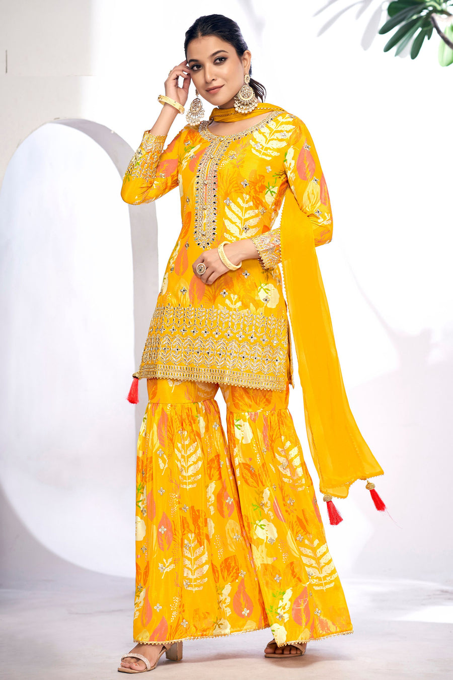 Yellow Chinon Silk Sharara Suits Dress for Indian Festival & Pakistani Wedding - Thread & Sequence Embroidery Work, Zari Work, Stone & Mirror Work, Print Work