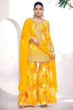 Yellow Chinon Silk Sharara Suits Dress for Indian Festival & Pakistani Wedding - Thread & Sequence Embroidery Work, Zari Work, Stone & Mirror Work, Print Work