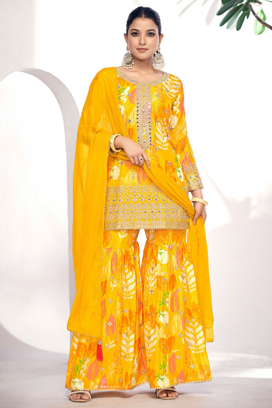 Yellow Chinon Silk Sharara Suits Dress for Indian Festival & Pakistani Wedding - Thread & Sequence Embroidery Work, Zari Work, Stone & Mirror Work, Print Work