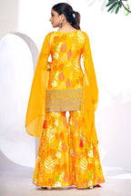 Yellow Chinon Silk Sharara Suits Dress for Indian Festival & Pakistani Wedding - Thread & Sequence Embroidery Work, Zari Work, Stone & Mirror Work, Print Work