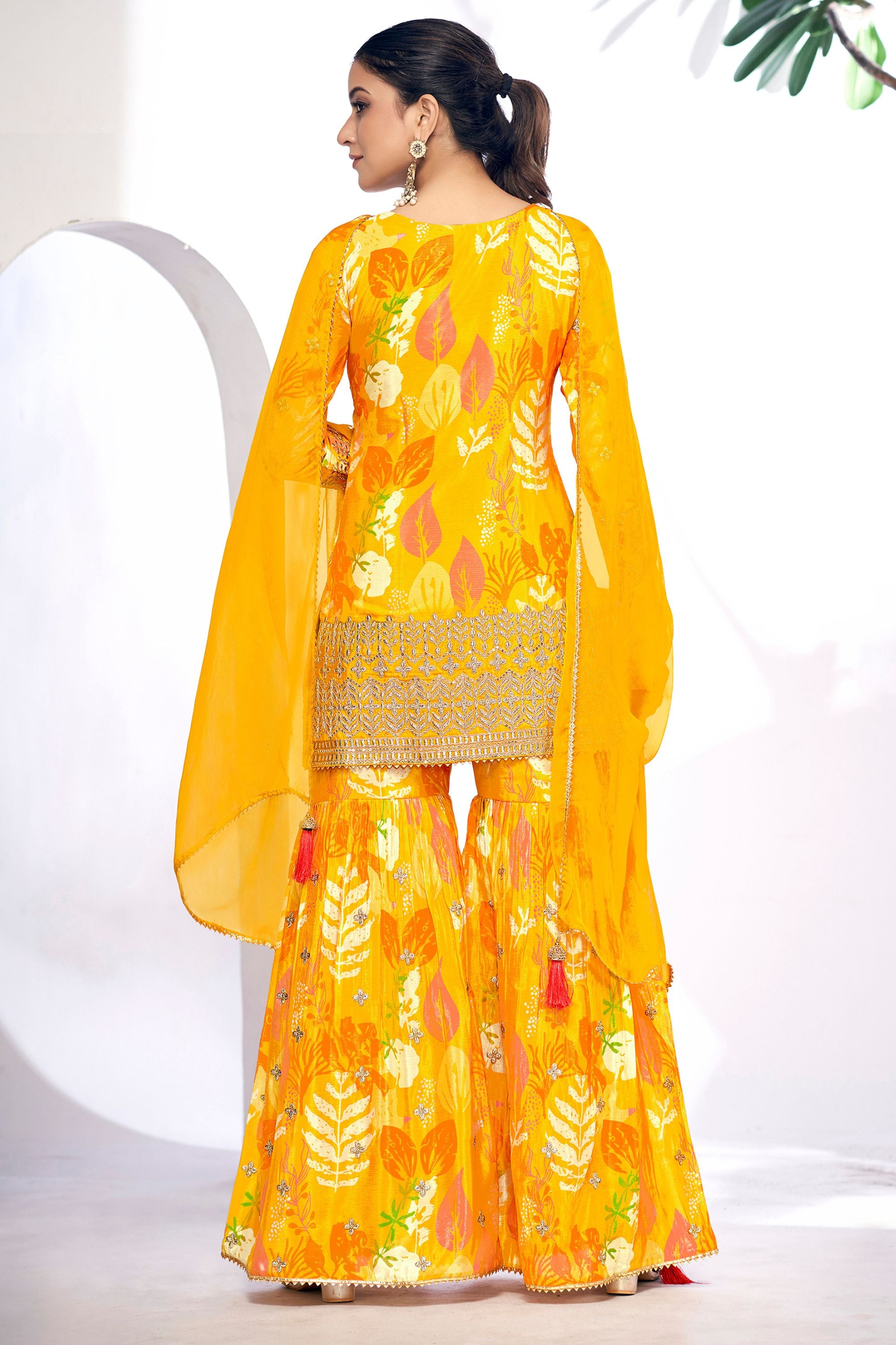 Yellow Chinon Silk Sharara Suits Dress for Indian Festival & Pakistani Wedding - Thread & Sequence Embroidery Work, Zari Work, Stone & Mirror Work, Print Work