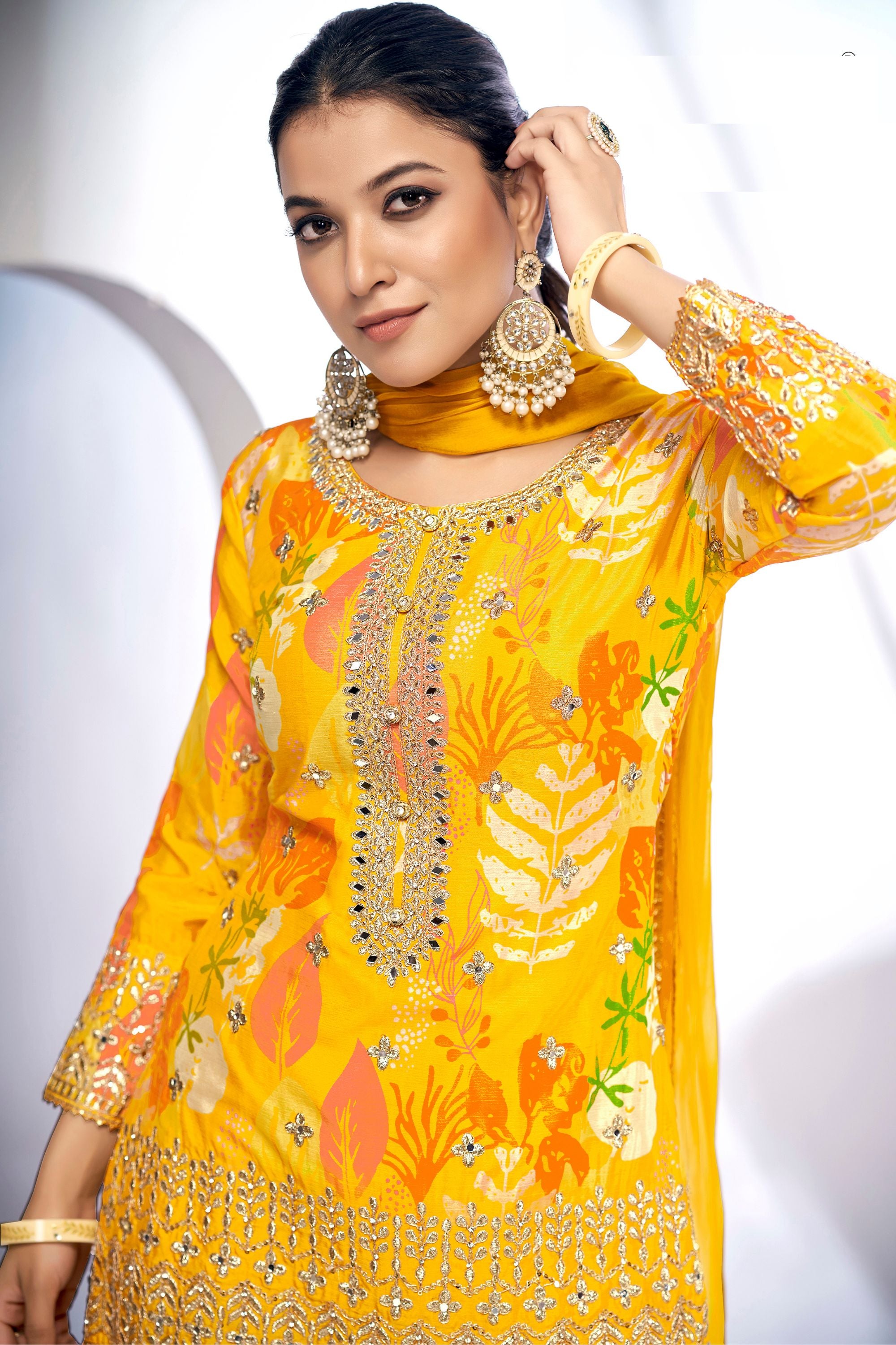 Yellow Chinon Silk Sharara Suits Dress for Indian Festival & Pakistani Wedding - Thread & Sequence Embroidery Work, Zari Work, Stone & Mirror Work, Print Work
