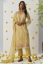 Yellow Crush Fabric Kameez with Pant & Chiffon Dupatta For Ladies Indian Festivals & Weddings - Embroidery Work