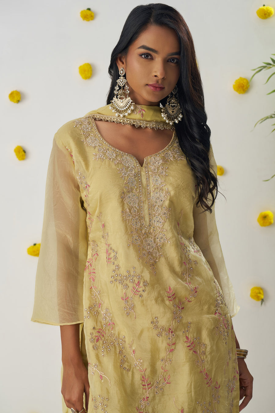 Yellow Crush Fabric Kameez with Pant & Chiffon Dupatta For Ladies Indian Festivals & Weddings - Embroidery Work