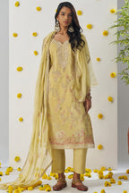 Yellow Crush Fabric Kameez with Pant & Chiffon Dupatta For Ladies Indian Festivals & Weddings - Embroidery Work