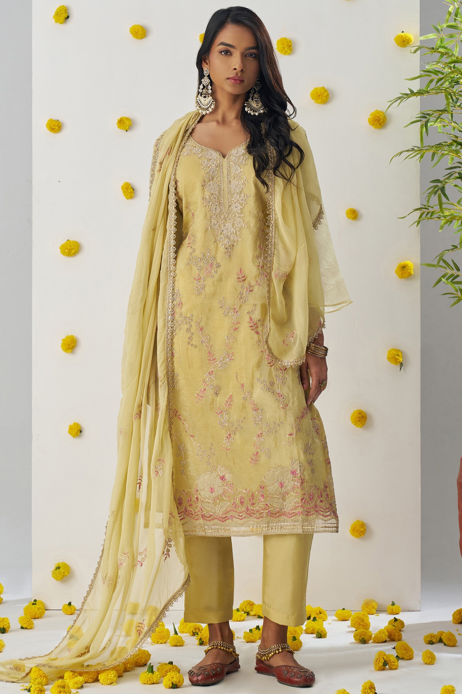 Yellow Crush Fabric Kameez with Pant & Chiffon Dupatta For Ladies Indian Festivals & Weddings - Embroidery Work