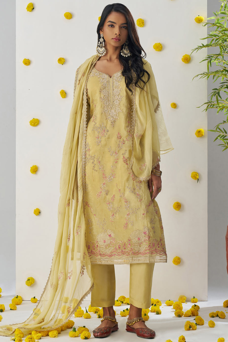 Yellow Crush Fabric Kameez with Pant & Chiffon Dupatta For Ladies Indian Festivals & Weddings - Embroidery Work