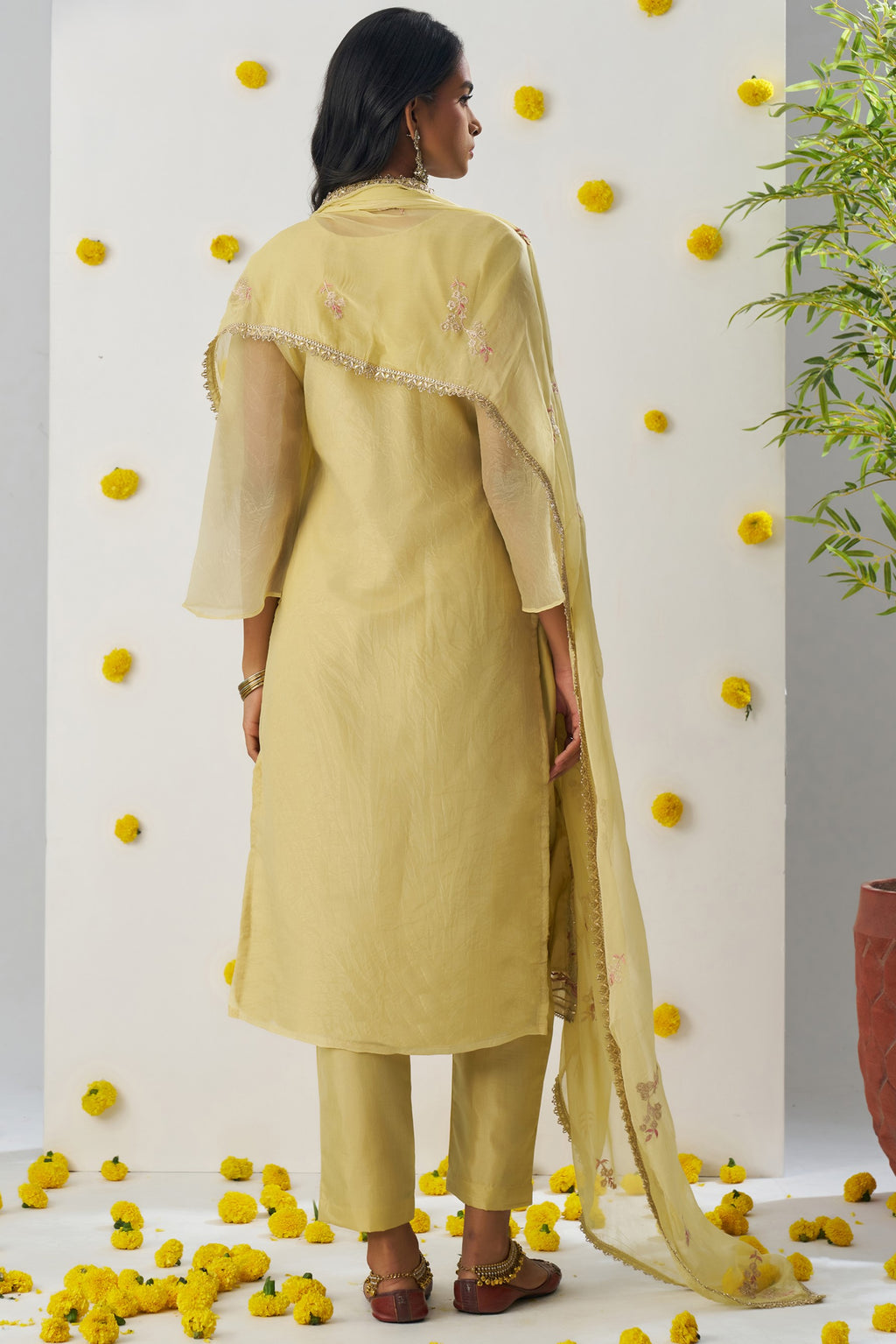 Yellow Crush Fabric Kameez with Pant & Chiffon Dupatta For Ladies Indian Festivals & Weddings - Embroidery Work