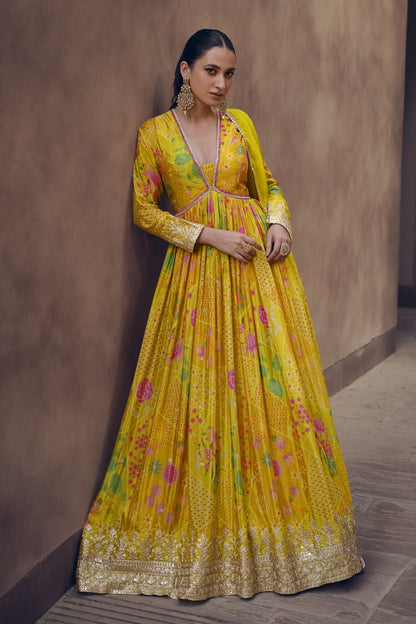 Yellow Georgette Floor Full Length Flower Printed Alia Cut Anarkali Gown For Indian Festivals & Weddings - Embroidery Work, Print Work