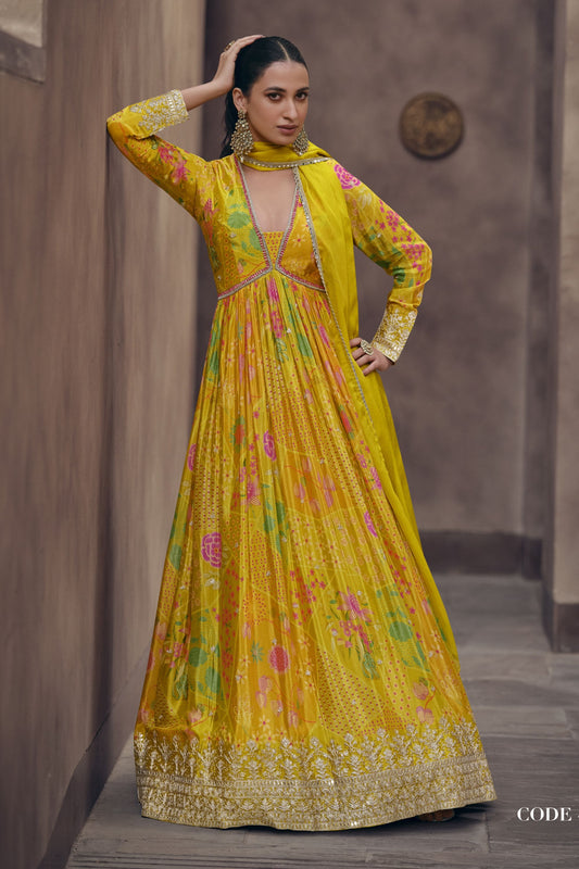 Yellow Georgette Floor Full Length Flower Printed Alia Cut Anarkali Gown For Indian Festivals & Weddings - Embroidery Work, Print Work