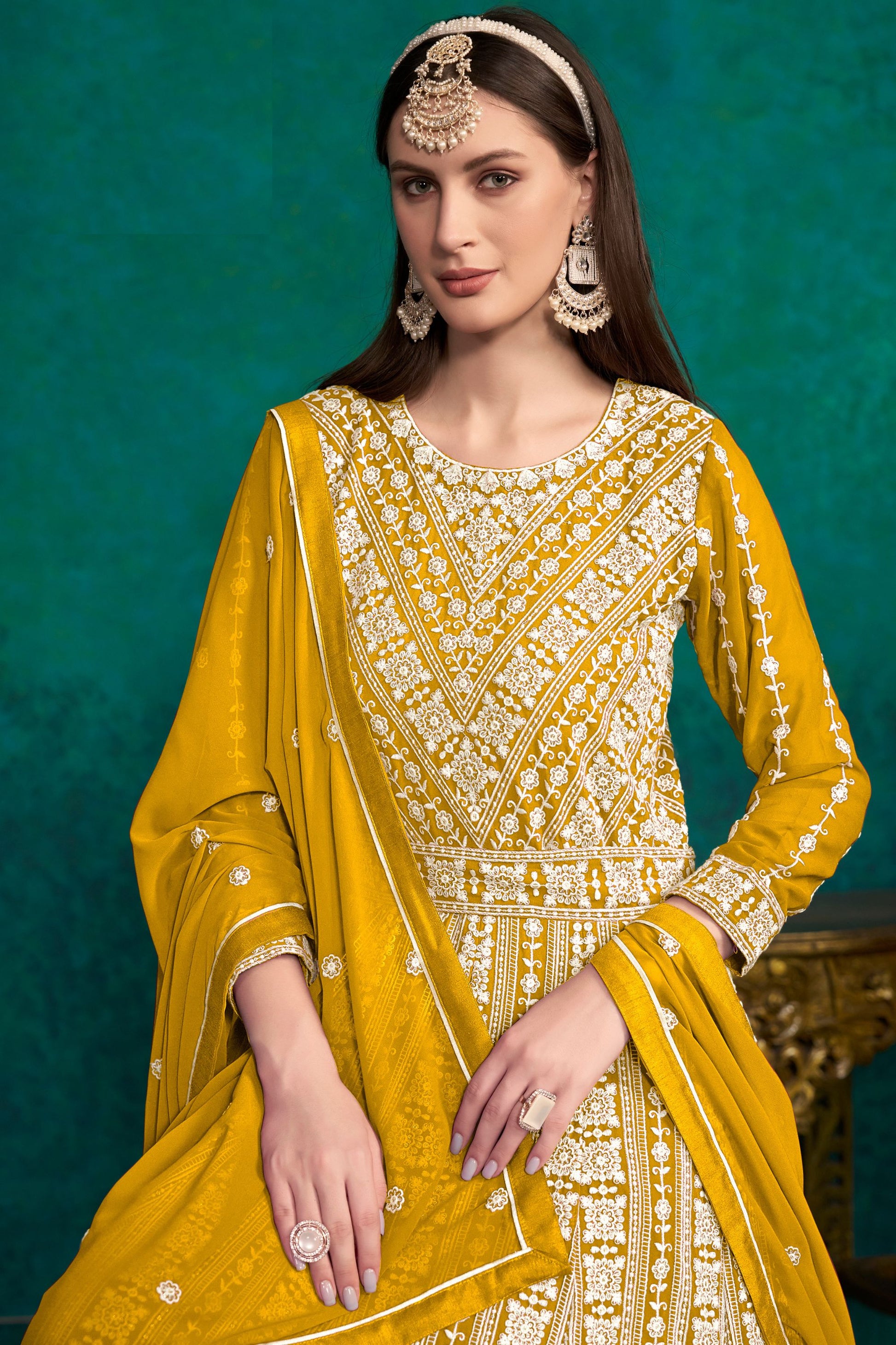 Yellow Georgette Full Floor Length Anarkali Dress For Indian Festivals & Weddings - Lucknowi Work