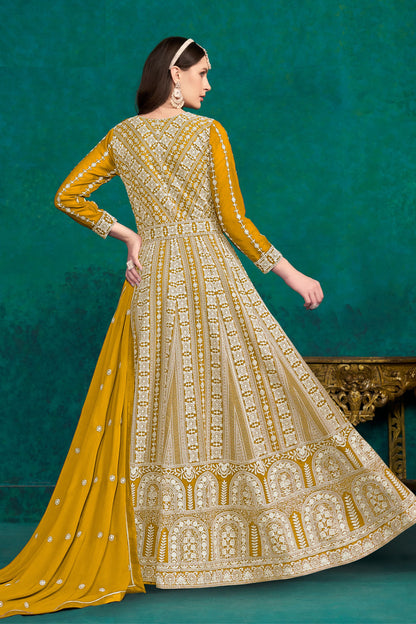 Yellow Georgette Full Floor Length Anarkali Dress For Indian Festivals & Weddings - Lucknowi Work