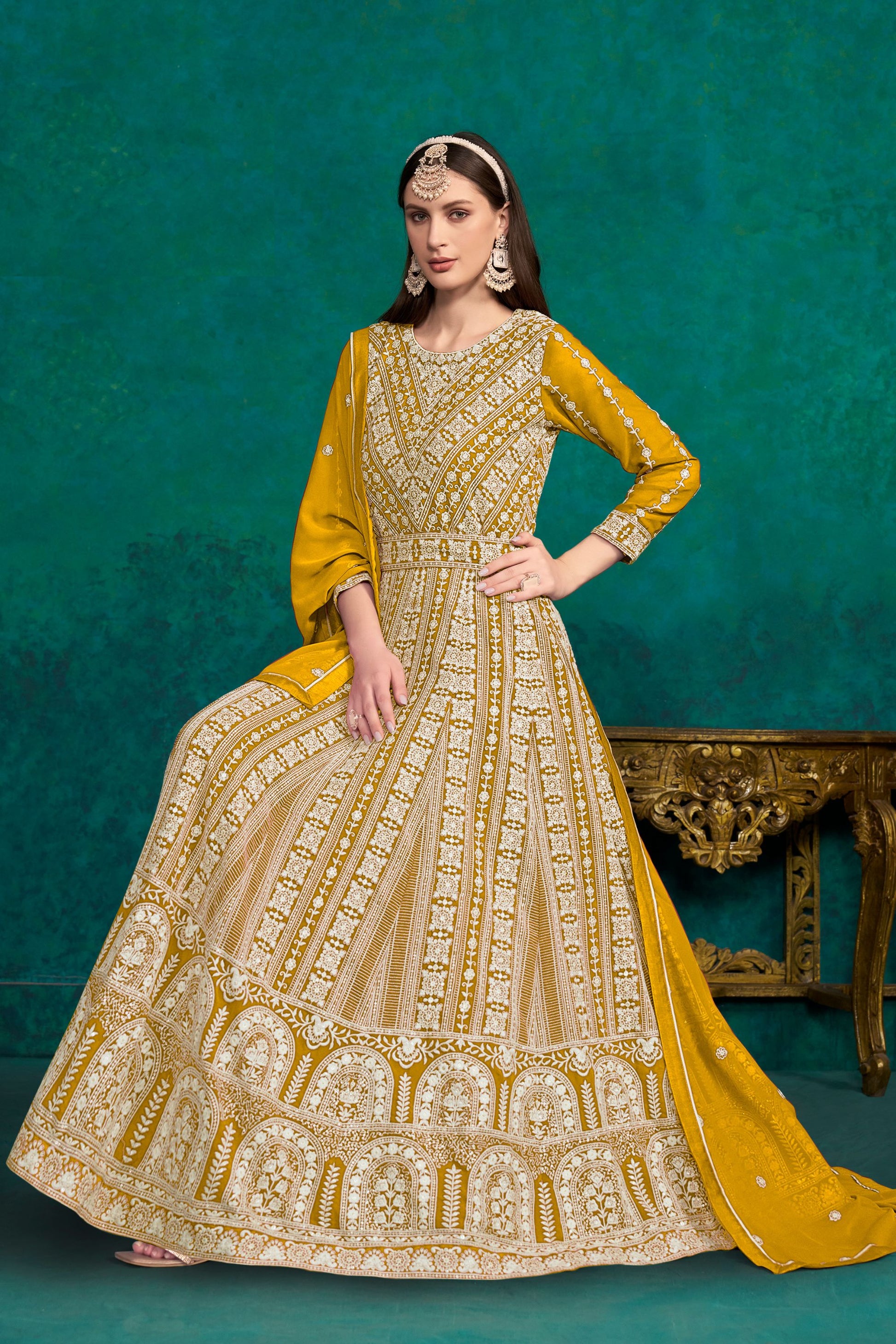 Yellow Georgette Full Floor Length Anarkali Dress For Indian Festivals & Weddings - Lucknowi Work