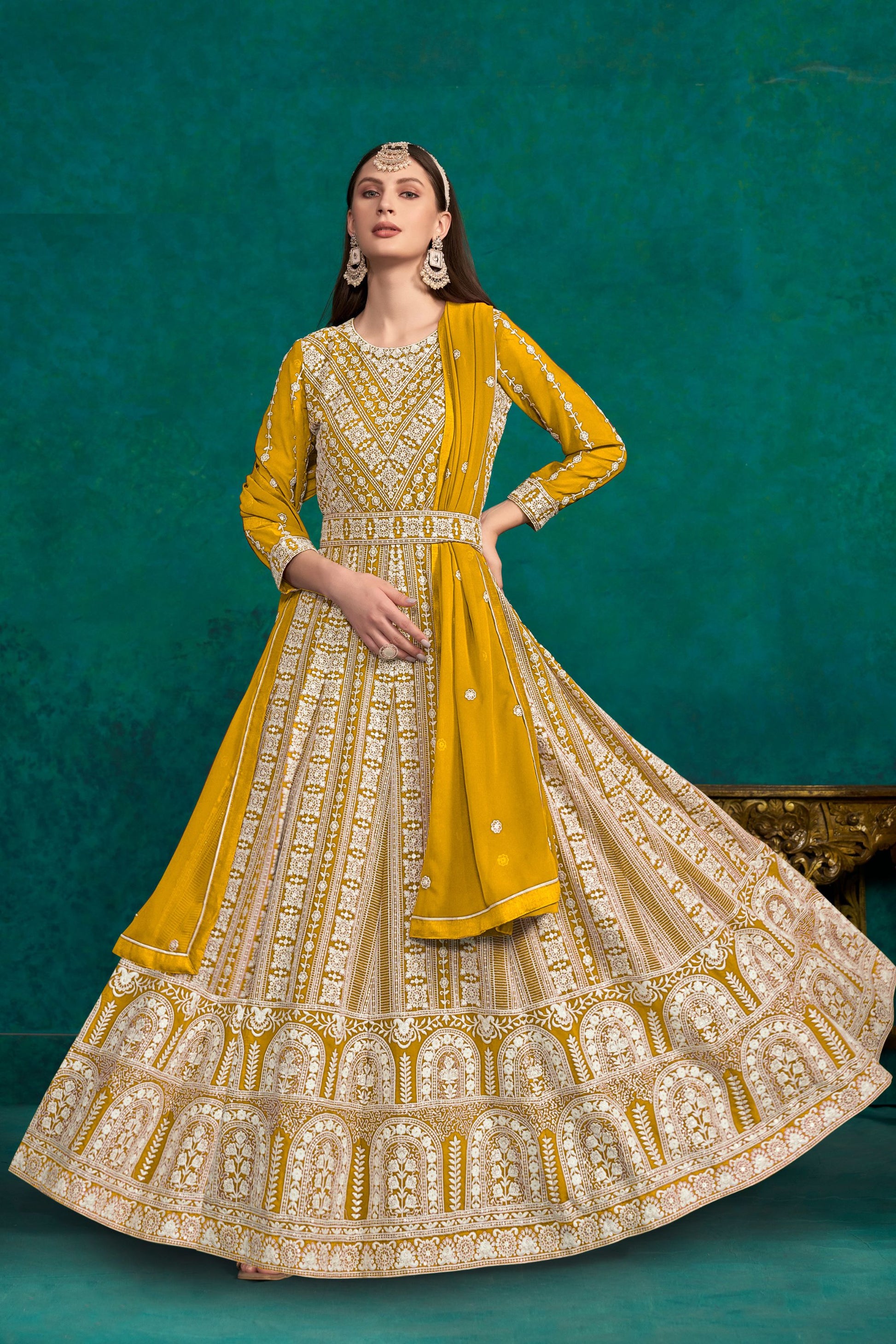 Yellow Georgette Full Floor Length Anarkali Dress For Indian Festivals & Weddings - Lucknowi Work