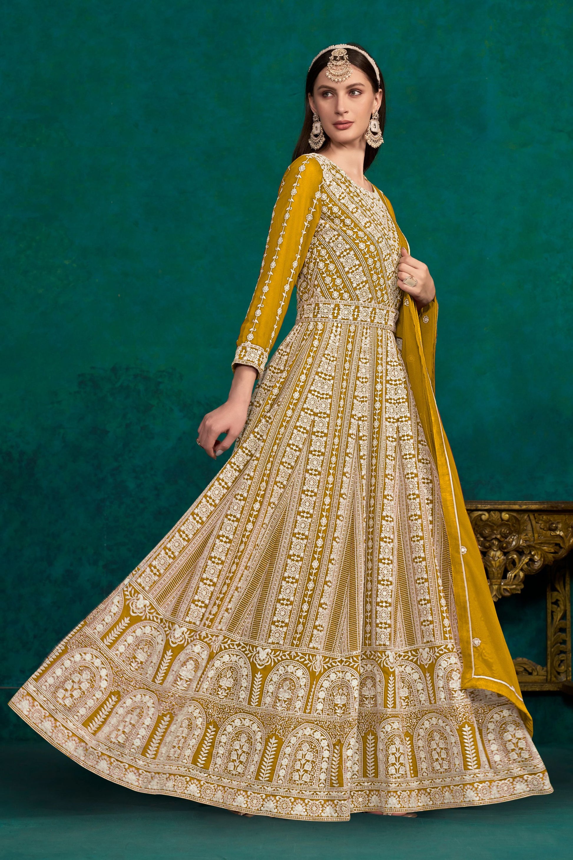 Yellow Georgette Full Floor Length Anarkali Dress For Indian Festivals & Weddings - Lucknowi Work