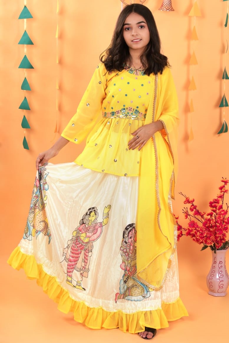 Yellow Georgette Kids Wear Girls Lehenga Choli with Dupatta Suit for Kids for Festivals & Wedding - Sequence Embroidery Work, Print Work