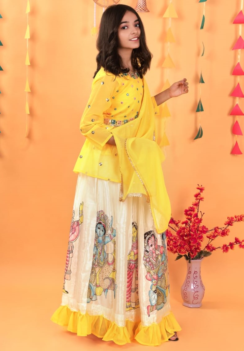 Yellow Georgette Kids Wear Girls Lehenga Choli with Dupatta Suit for Kids for Festivals & Wedding - Sequence Embroidery Work, Print Work