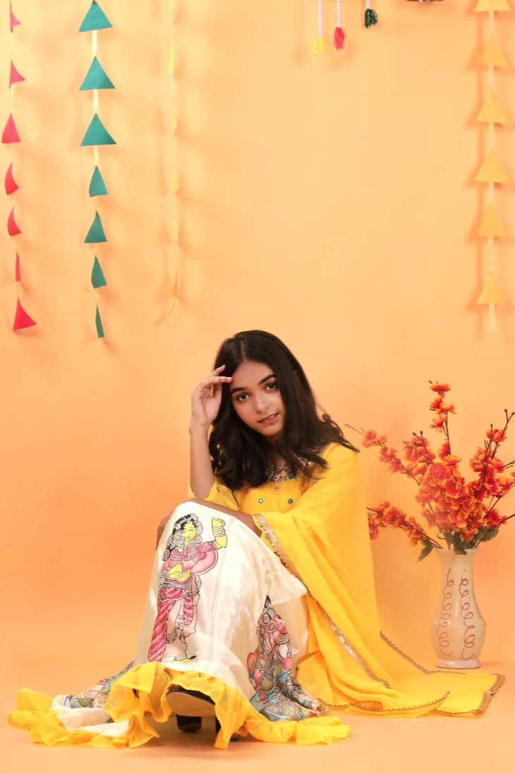 Yellow Georgette Kids Wear Girls Lehenga Choli with Dupatta Suit for Kids for Festivals & Wedding - Sequence Embroidery Work, Print Work