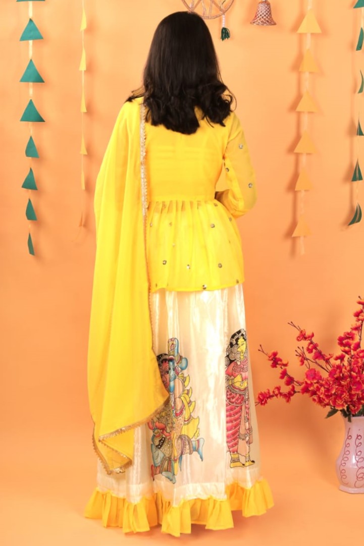 Yellow Georgette Kids Wear Girls Lehenga Choli with Dupatta Suit for Kids for Festivals & Wedding - Sequence Embroidery Work, Print Work