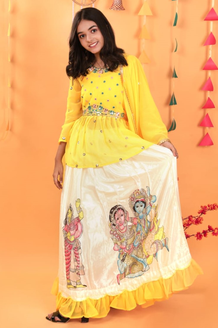 Yellow Georgette Kids Wear Girls Lehenga Choli with Dupatta Suit for Kids for Festivals & Wedding - Sequence Embroidery Work, Print Work