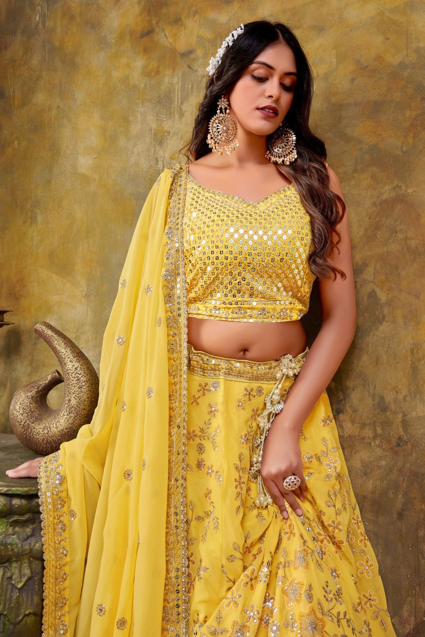 Yellow Georgette Lehenga Choli For Indian Festivals & Weddings - Thread Embroidery Work, Sequence Embroidery Work