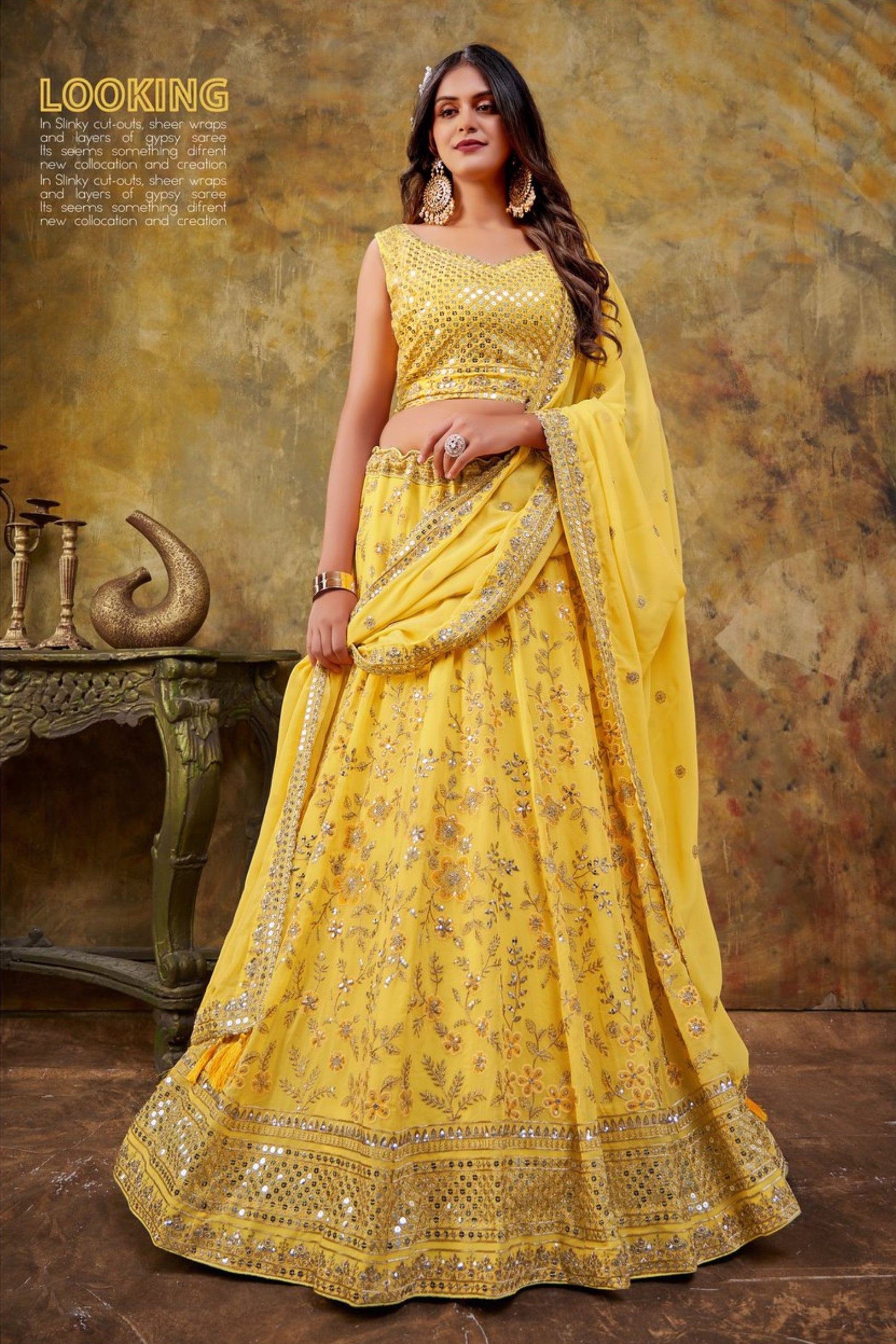 Yellow Georgette Lehenga Choli For Indian Festivals & Weddings - Thread Embroidery Work, Sequence Embroidery Work