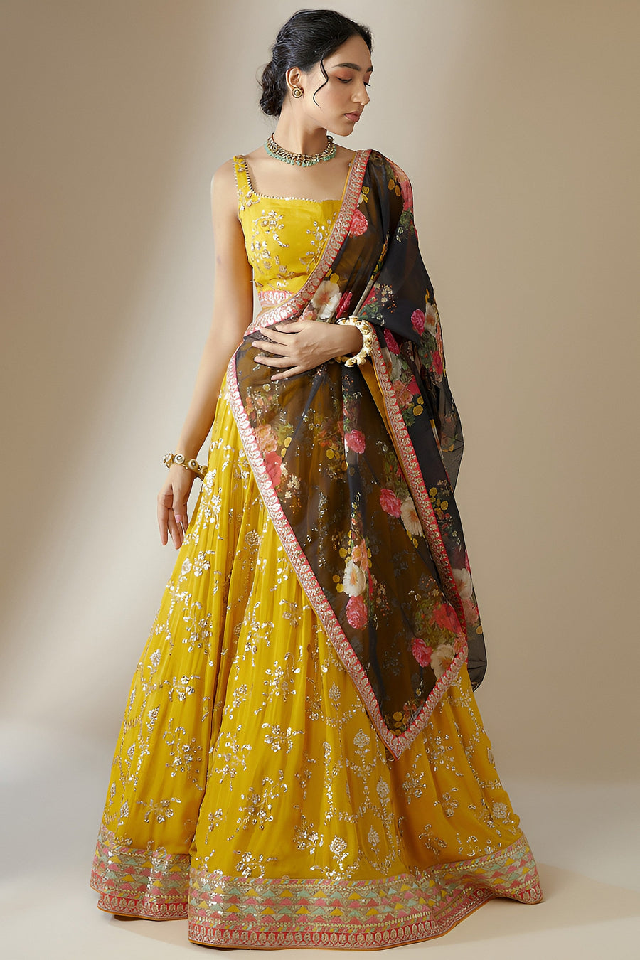 Yellow Georgette Lehenga Choli For Indian & Pakistani Wedding Festival - Zari Work, Sequence Embroidery Work, Thread Embroidery Work, Print Work