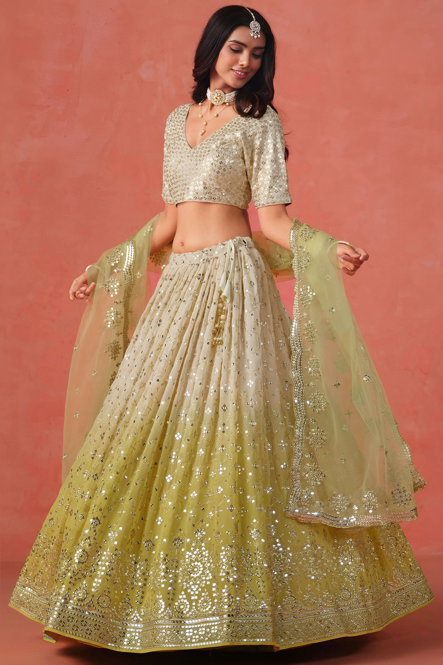 Yellow Georgette Lehenga Choli For Indian & Pakistani Wedding Festival - Sequins & Thread Embroidery Work, Zari Work