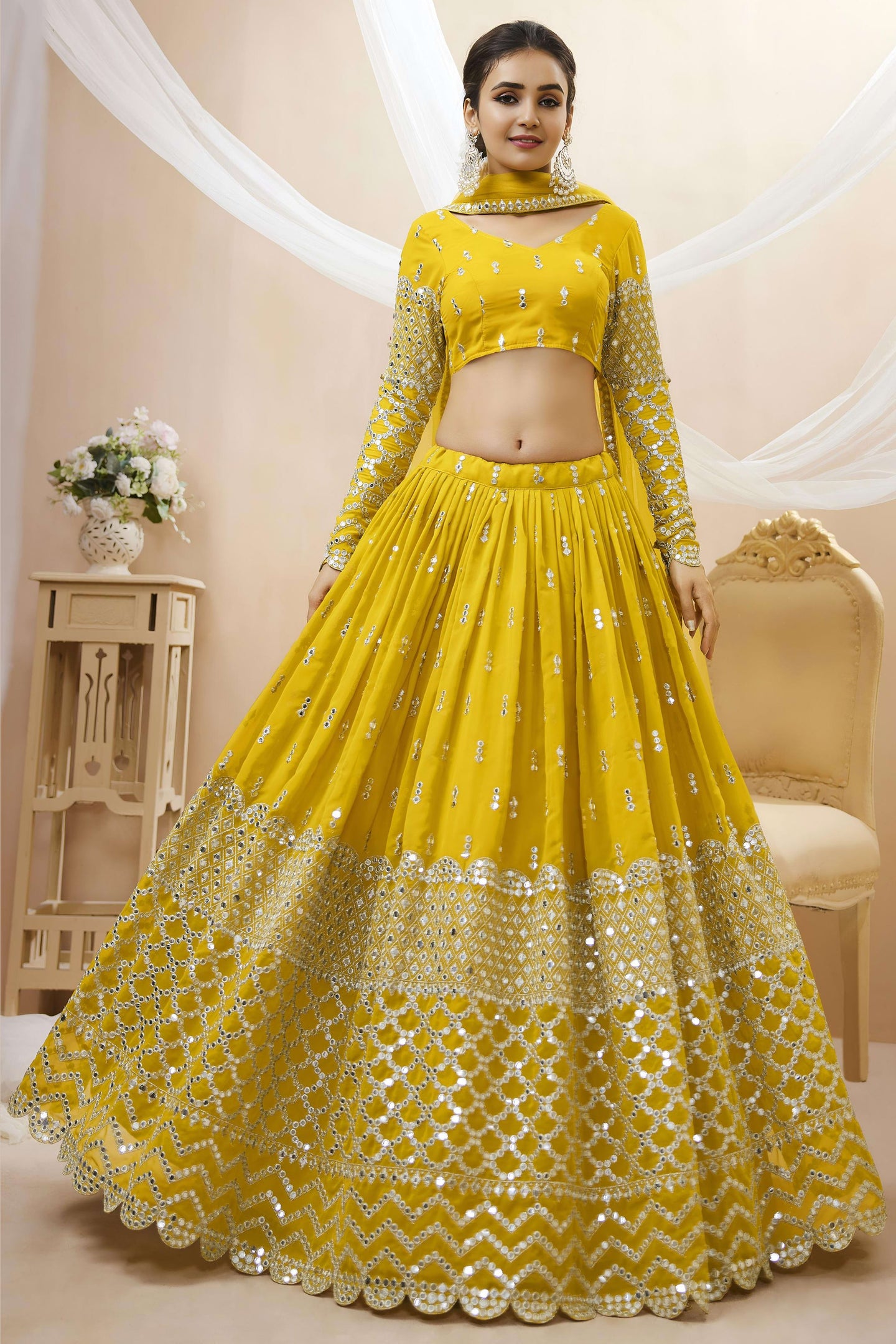 Yellow Georgette Lehenga Choli For Indian & Pakistani Wedding Festival - Sequins & Thread Embroidery Work, Zari Work