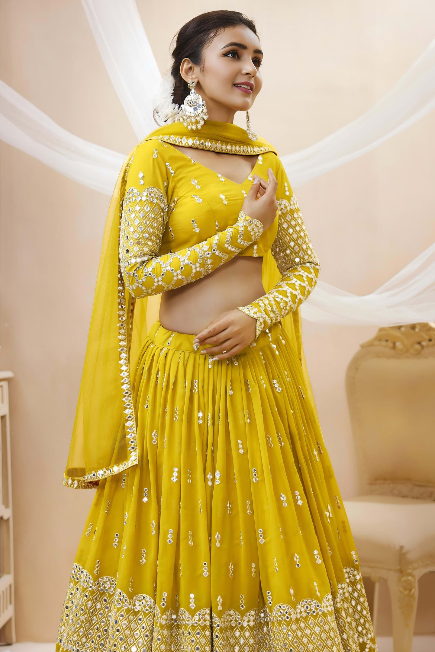 Yellow Georgette Lehenga Choli For Indian & Pakistani Wedding Festival - Sequins & Thread Embroidery Work, Zari Work