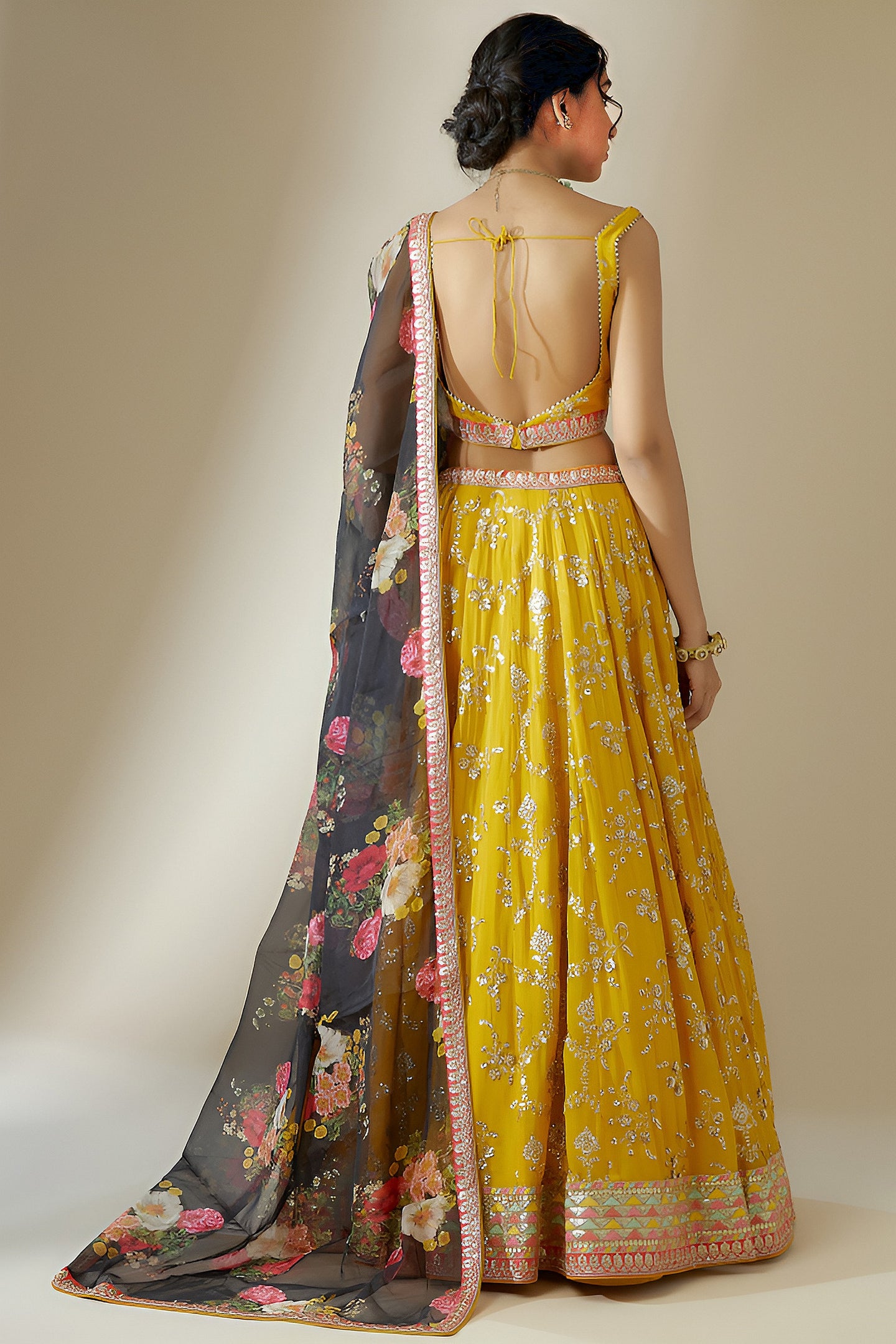 Yellow Georgette Lehenga Choli For Indian & Pakistani Wedding Festival - Zari Work, Sequence Embroidery Work, Thread Embroidery Work, Print Work